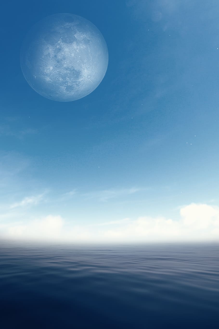 landscape, sea, moon, sky, water, ocean, fog, clouds, night, wave