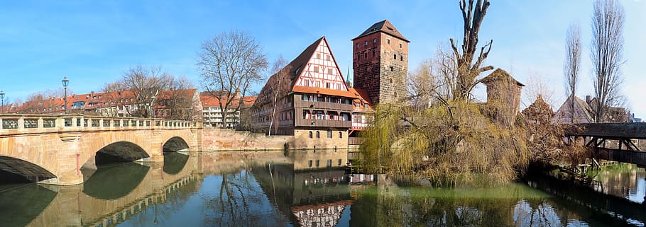 pemandangan, arsitektur, bangunan, musim dingin, pusat bersejarah, abad pertengahan, nürnberg, jembatan gantung, jembatan, padang rumput