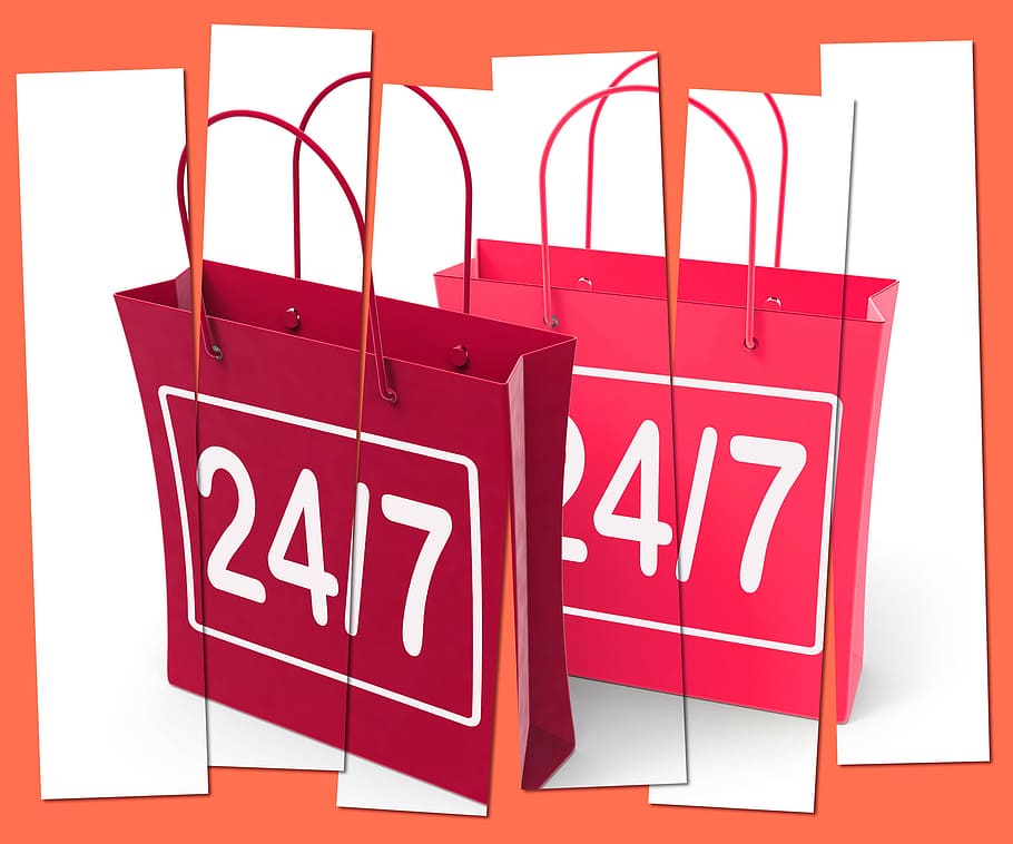vinte e quatro, sete, sacolas de compras, mostrando, horas, abertas, 24, 247, 247 sacolas, 24x7