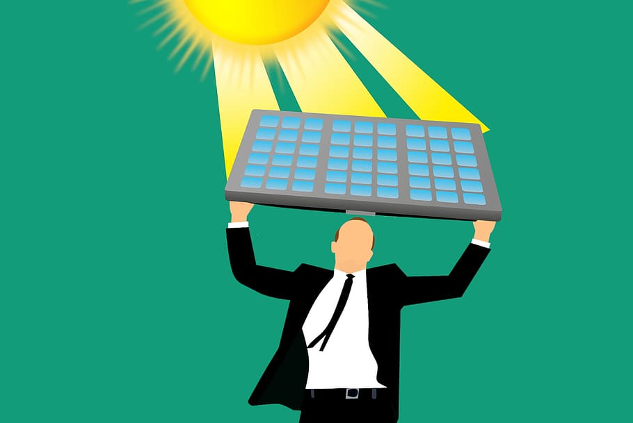illustration, man, clean, renewable, solar, energy, form, panel, sun, electricity