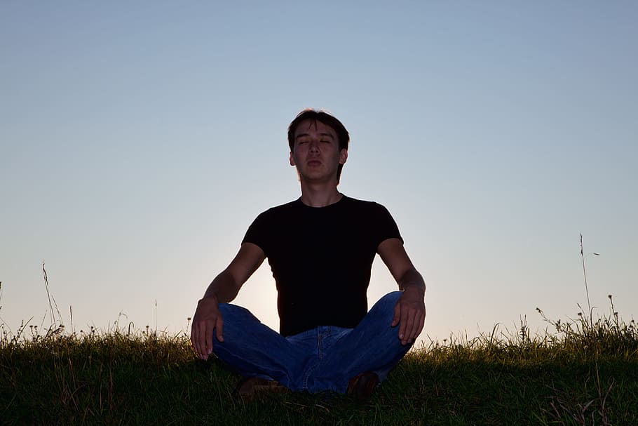 healthy, horizon, lotus, meditating, men, nature, one, outdoors, person, position