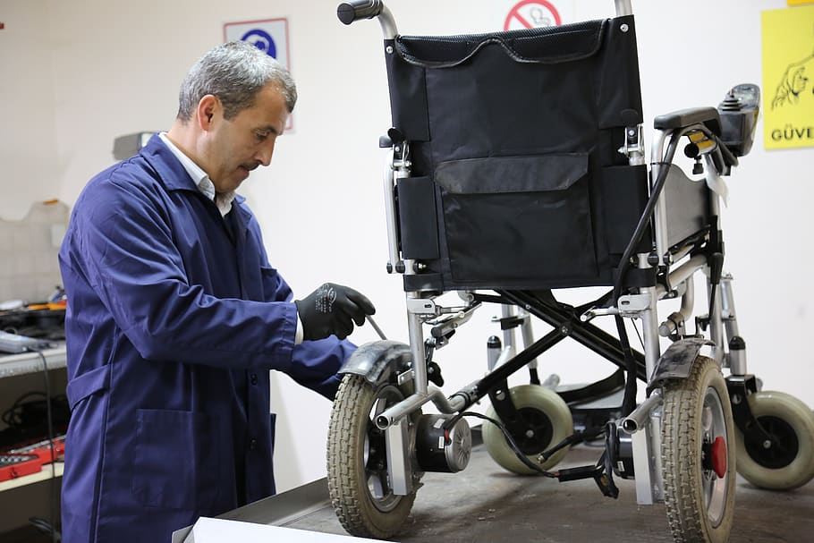 disabled vehicle, maintenance, wheel, chair, disabled, damage, help, one person, men, occupation