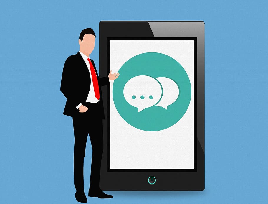 sms, social, mobile, tablet device, standing, businessman illustration, illustration., message, talk, chat
