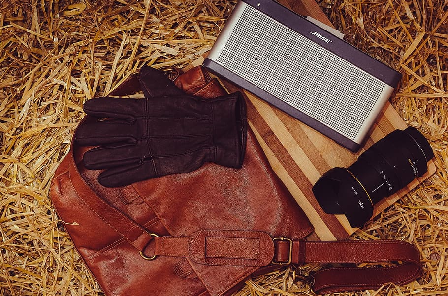 farm, lens, bag, leather, speakers, bose, photography, straw, workstation, high angle view