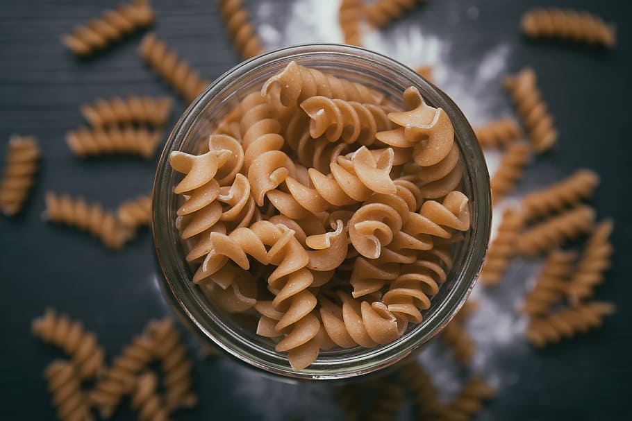 pasta in glass, food and Drink, pasta, freshness, food, focus on foreground, indoors, close-up, table, high angle view