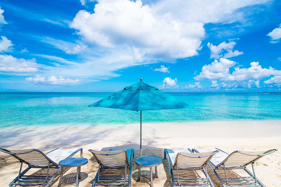 beach, playa, sand, palm tree, beach chairs, loungers, umbrella, seven mile beach, cayman islands, real estate