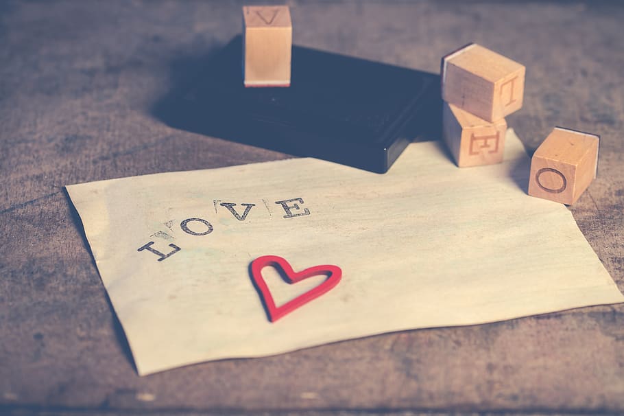 kertas, cinta, valentine, romantis, latar belakang, jantung, perangko, tanda, tinta pad, vintage