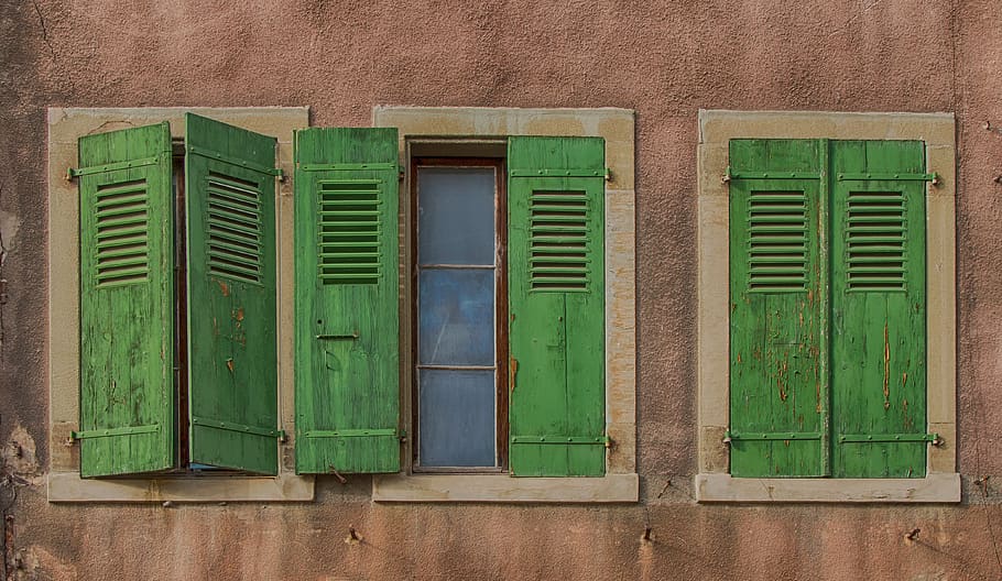 verde, janelas, janela, arquitetura, casa, velho, parede, cor verde, ninguém, estrutura construída