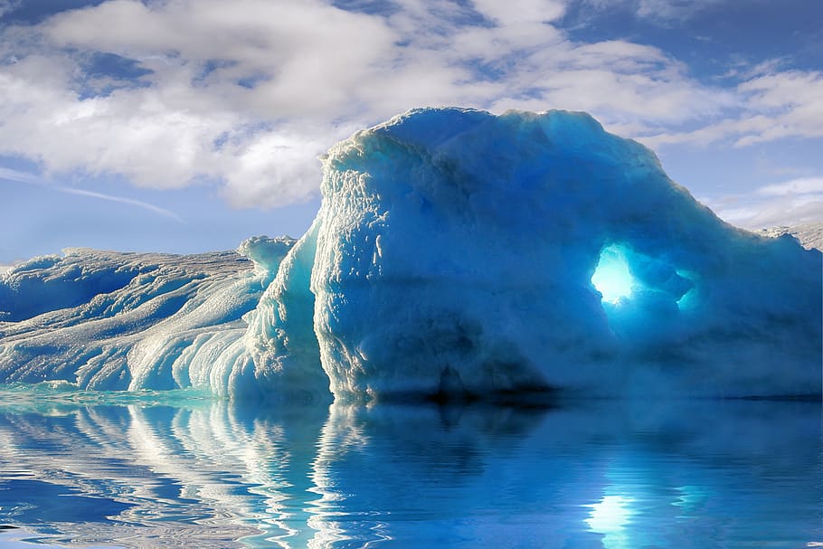 iceberg, hielo, frío, mar, invierno, cielo, paisaje, azul, fondo de pantalla 4k, nube - cielo