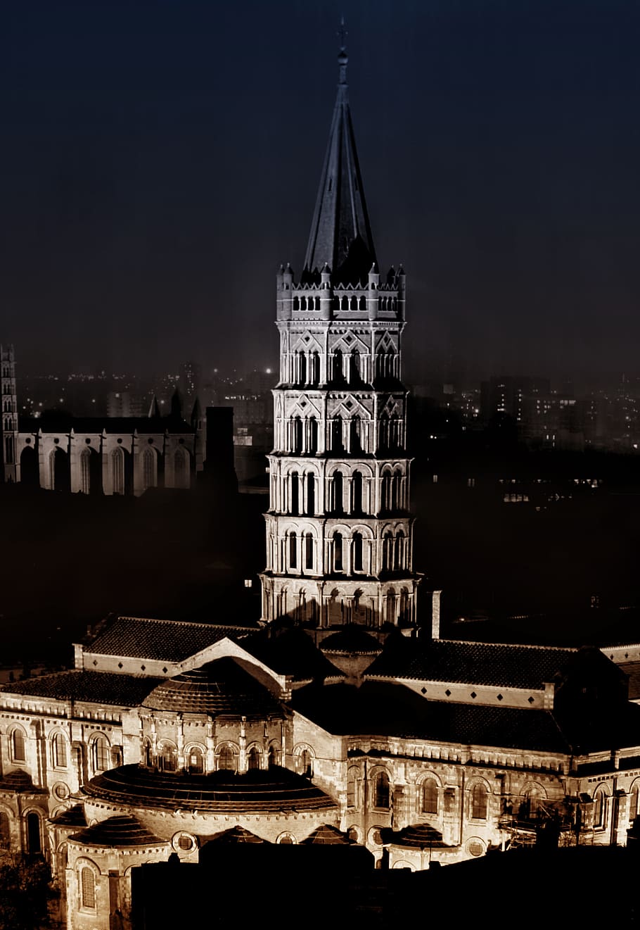 basílica, saint sernin, noche, -, toulouse, francia, antigua, arquitectura, creencia, edificio