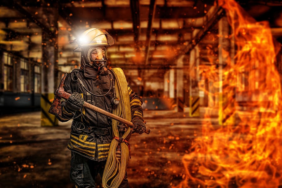 fire, fire fighter, helm, hose, brand, emergency, fire fighting, protection, fire truck, breathing apparatus