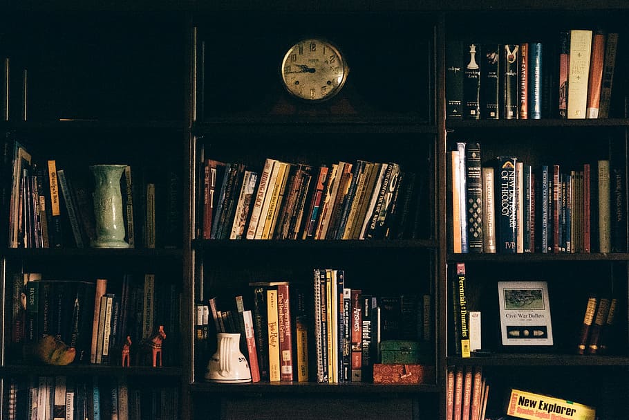 black, books, brown, clocks, libraries, wood, shelf, bookshelf, book, publication