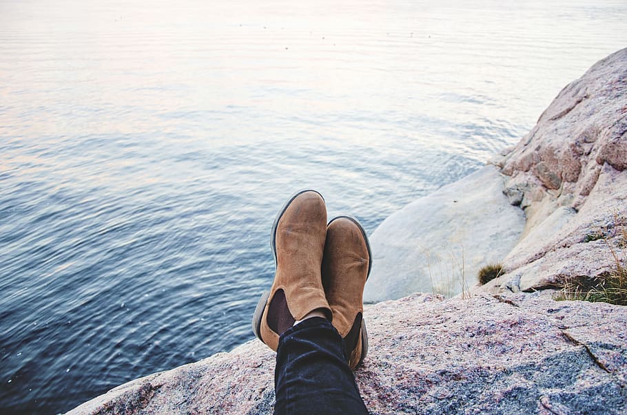 people, boots, water, ocean, sea, rock, chill, relax, travel, shoe