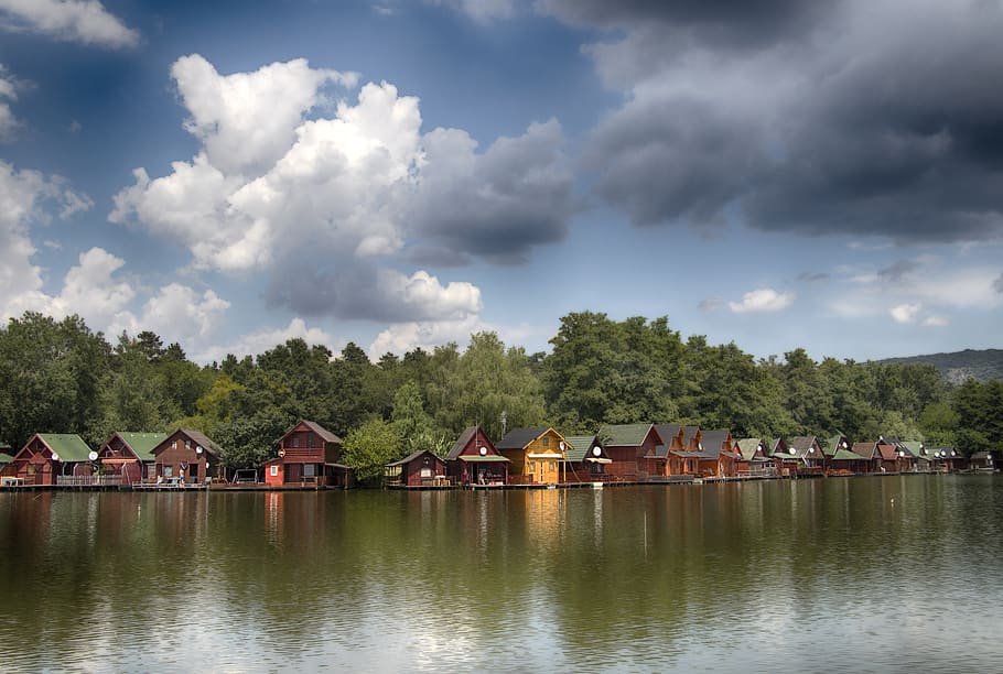landscape, fill-in-lake, daddy, cloudy, fishing houses, architecture, built structure, water, cloud - sky, building exterior