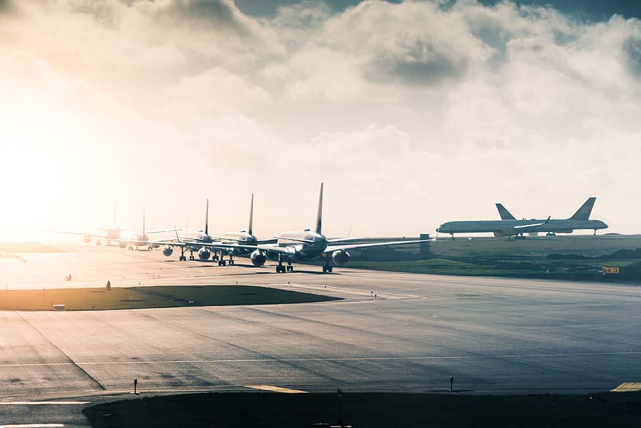 airport taxiway, long, queue, planes, aero, aircraft, airplane, airplanes, airport, connection