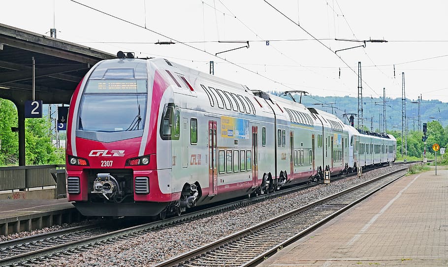 kereta regional, double decker, ciuman stadler, cfl, kereta api negara luxembourg, bahnhof ehrang, jajaran moselle, transit, kereta multimoda, penggoda stadler