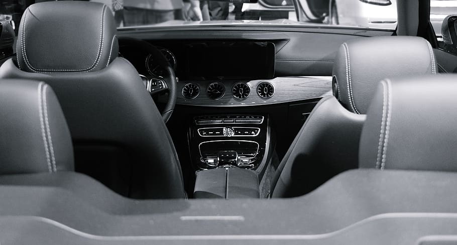 coche, vehículo, cuero, bancos, volante, panel, interior, diseño, gris, negro