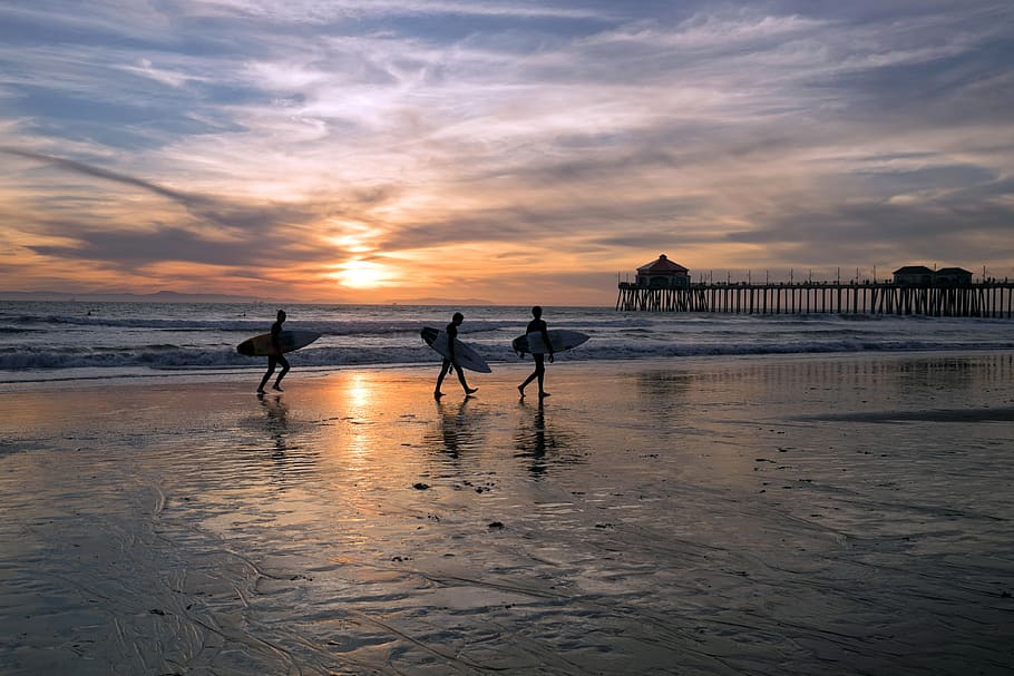 surfer, huntington, beach, california, sea, sport, surf, glow, sunset, waves