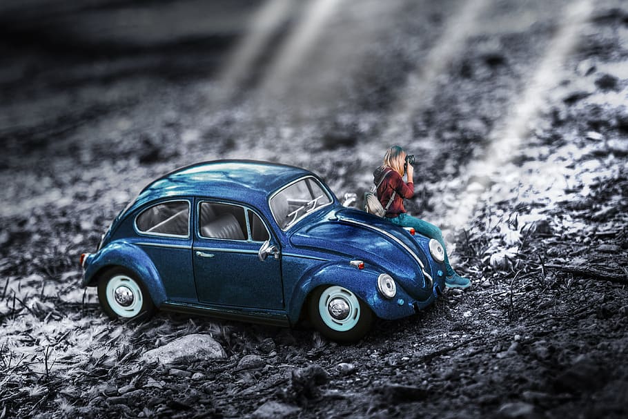 miniatura, carro, brinquedo, veículo, fotografia, remixar, ao ar livre, mistura, azul, VW