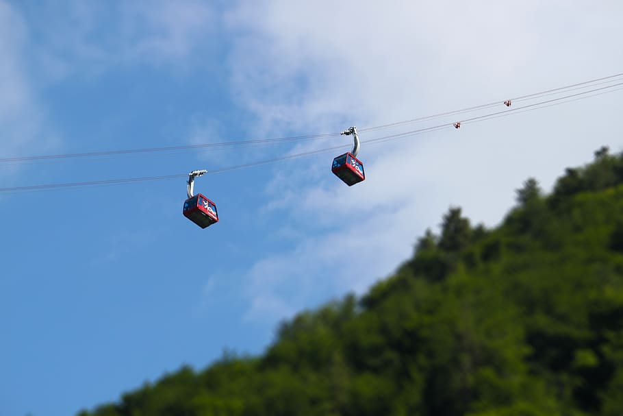 chairlift, mountain, green, view, cable, joy, thrill, sky, hanging, tree