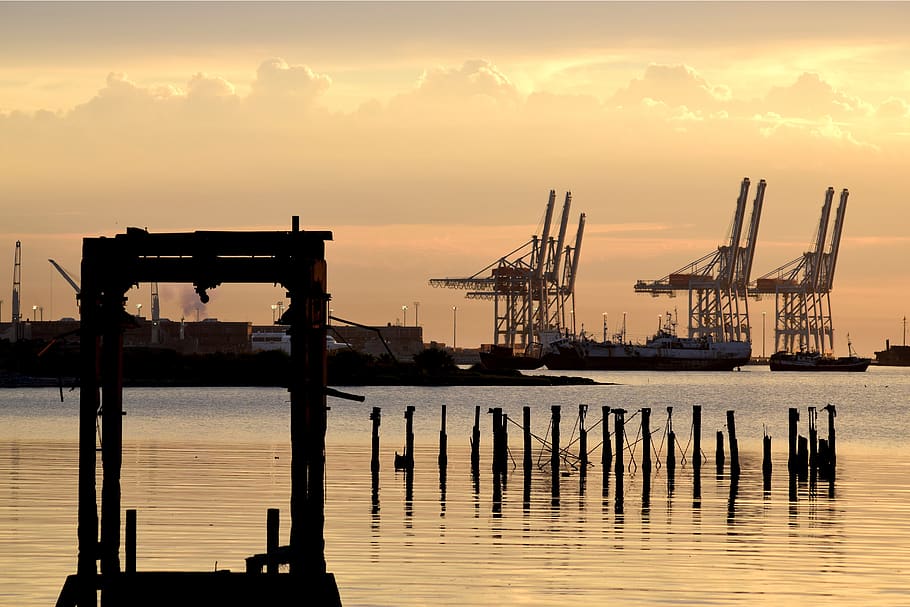 montevideo, port, bay, river plate, cranes, water, sunset, machinery, industry, transportation