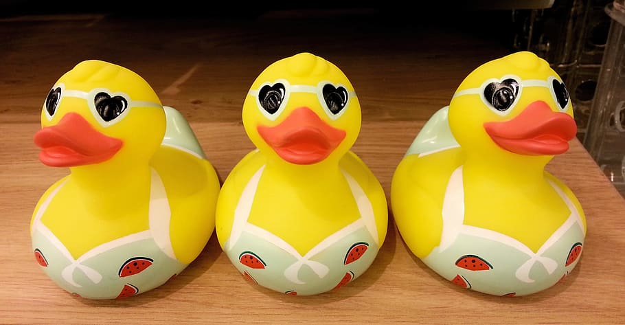 three, cute, yellow, plastic ducks, bikinis., ducks, plastic, toys, fun, animal representation