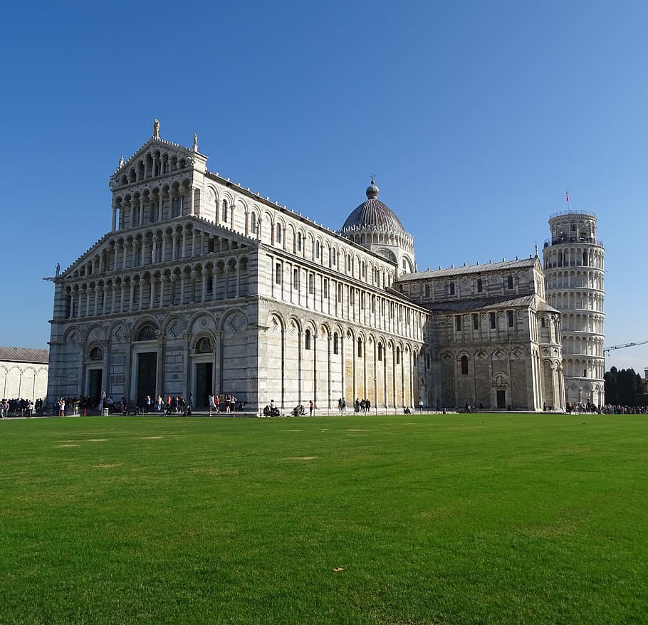 pisa, italy, tuscany, landmark, church, building exterior, architecture, grass, built structure, sky