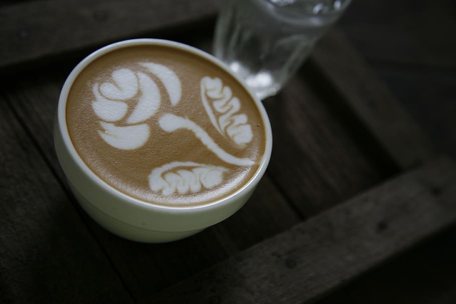 latte art, coffee, break time, fresh, porcelain, glass, wooden, ingredient, dark background, white flower