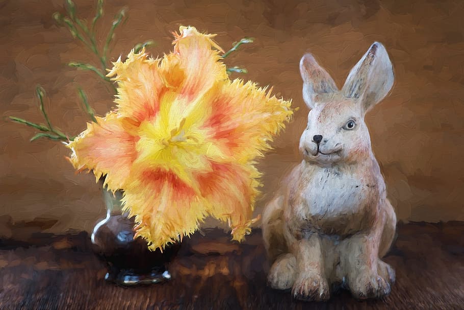 rabbit, animal, flower, pot, paint, painting, art, rabbit - animal, animal representation, mammal