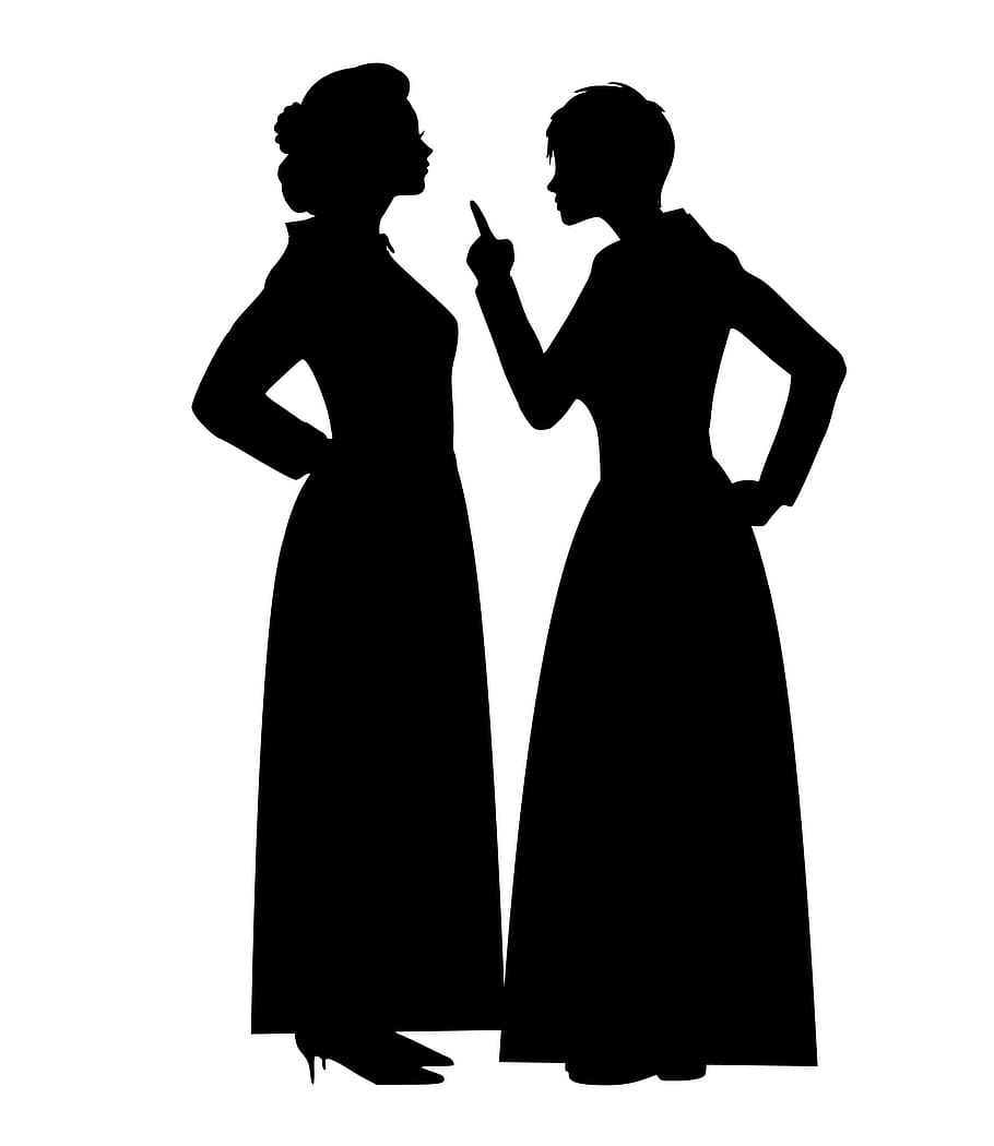silhouette, one, woman, scolding, another, woman., wearing, dresses., angry, conflict