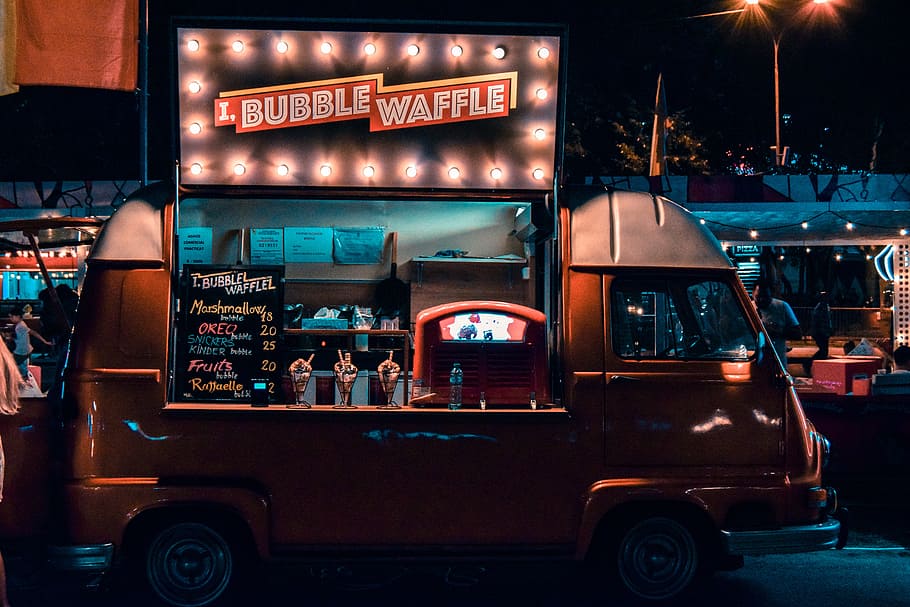 carnival, carousel, street food, waffle, food, van, truck, food truck, open, lights