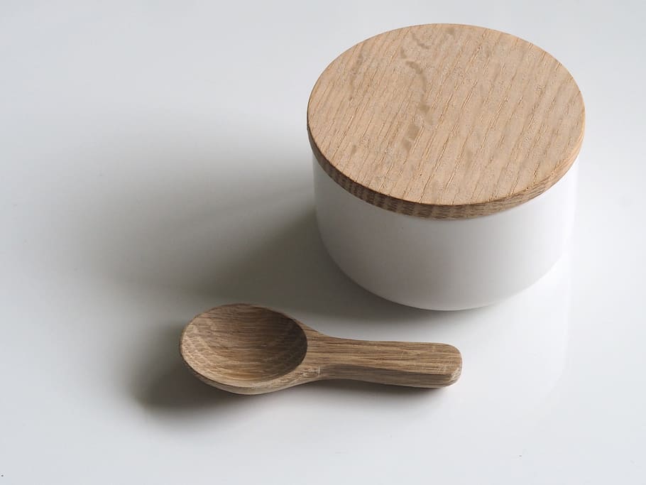 white, bowl, lid, wood, spoon, kitchen, minimal, brown, wood - material, wooden spoon