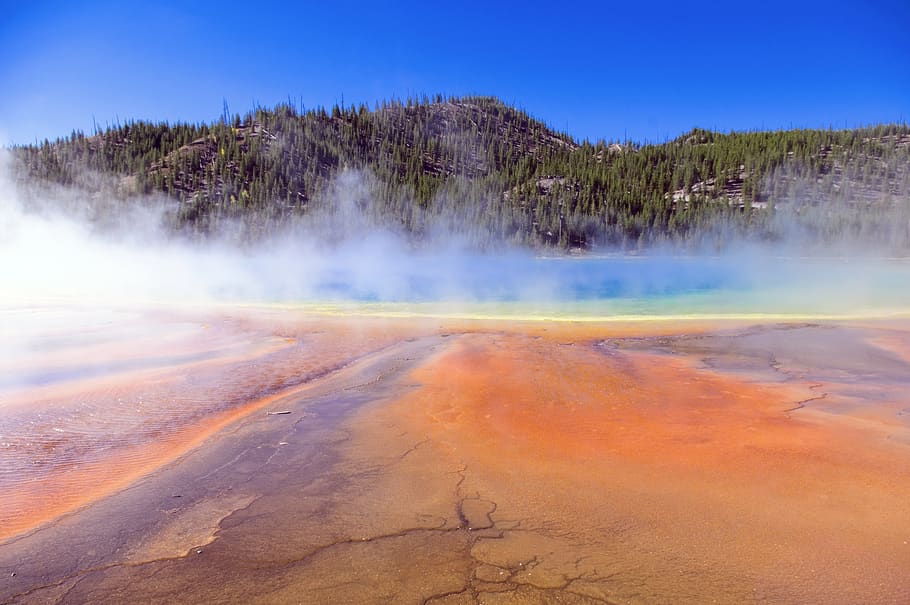 mists over prismatic, grand, prismatic, yellowstone, national, park, wyoming, geothermal, pool, minerals