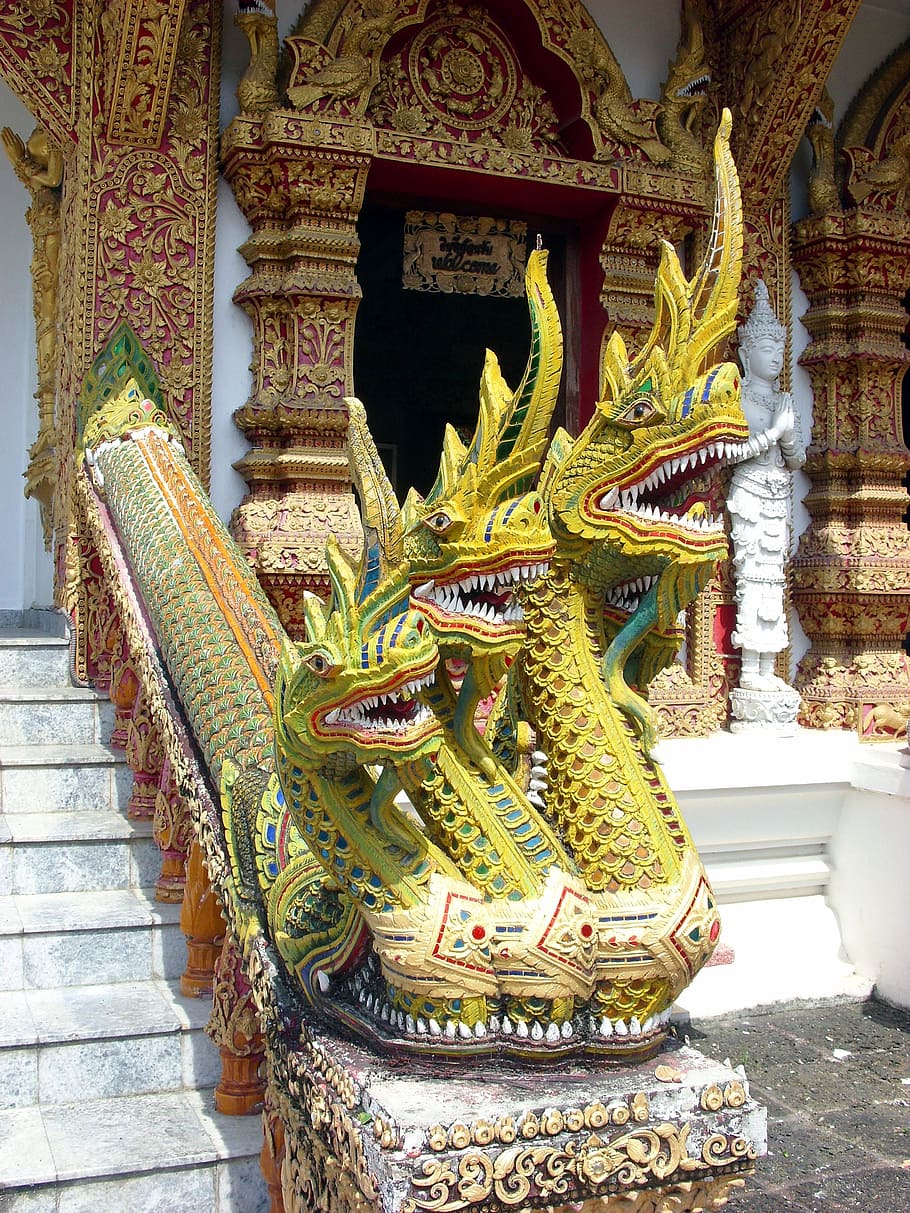 three-headed naga temple protector, wat bupparam buddhist temple, chiang, mai, north, thailand, naga, buddhist, temple, wat