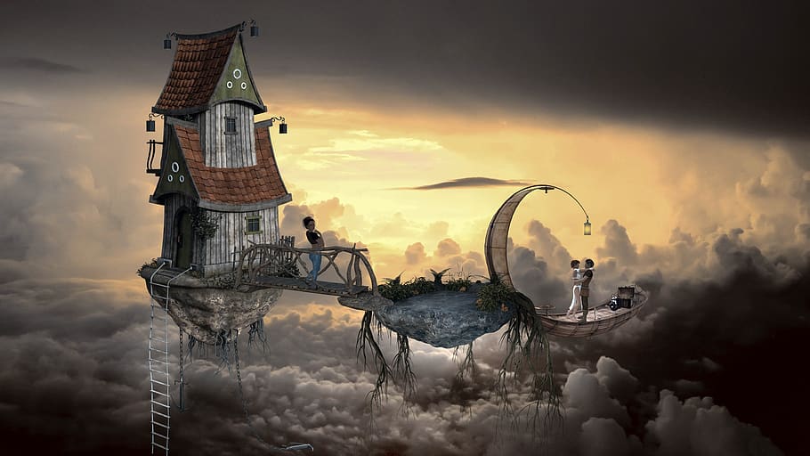 fantasy, sky, clouds, composing, human, house, airship, atmosphere, fairytale, light