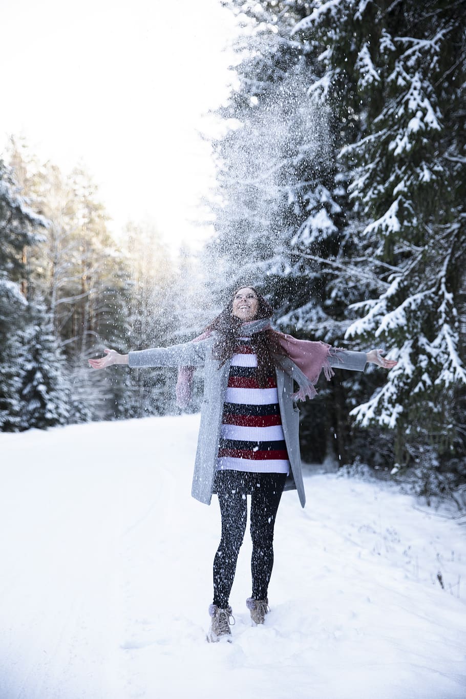winter, snow, lady, female, forest, white, cold, coffee, love, trees