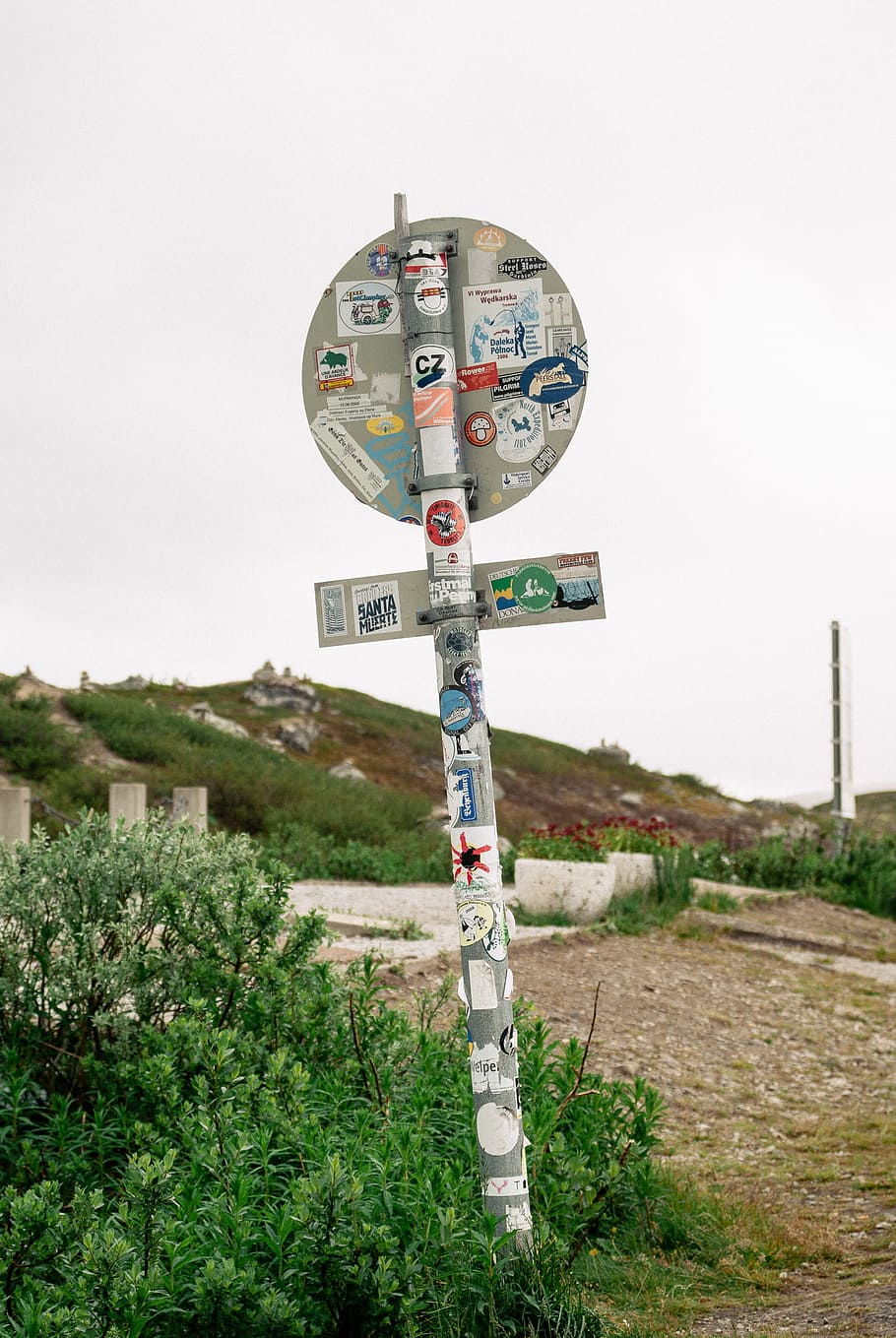 road sign, stickers, covered, exploration, explore, five, journey, little, norway, old
