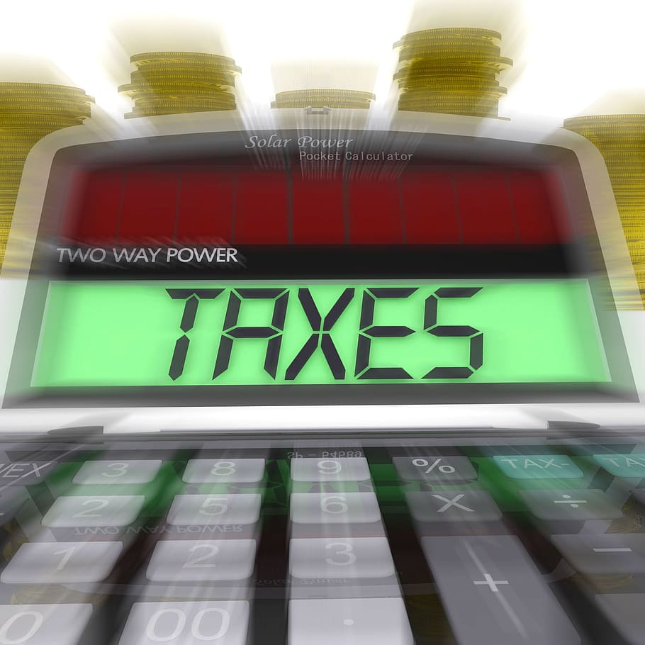 impostos, calculados, significando tributação, renda, ganhos, contador, impostos comerciais, calculadora, empresa, finanças