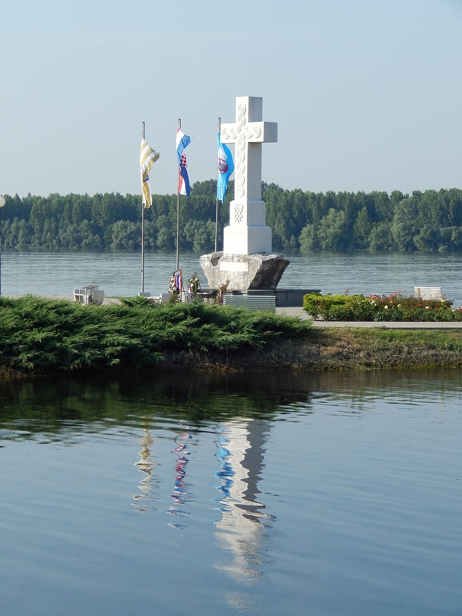 vukovar, white cross, croatia, water, nature, reflection, waterfront, lake, day, plant