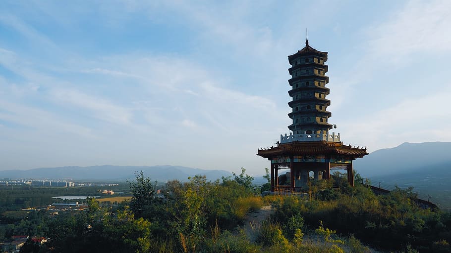 nature, architecture, structure, clouds, sky, mountains, trees, pagoda, tower, built structure