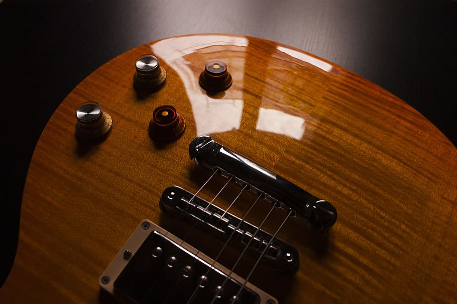 electric, guitar, strings, musical, instrument, glossy, brown, blur, musical instrument, wood - material