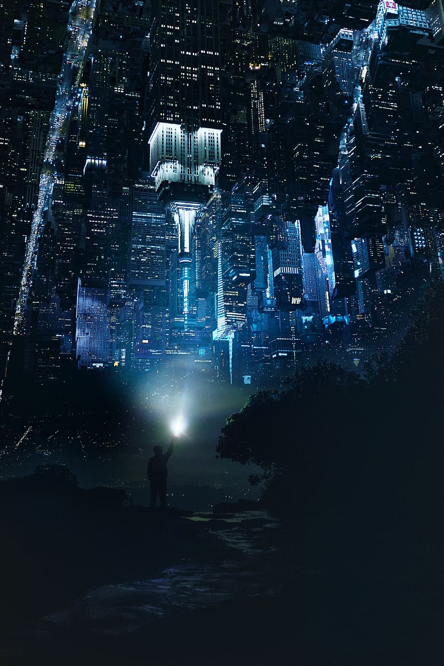 fantasy, city, torch, place, opposite, night, building, surealism, wallpaper, phone wallpaper