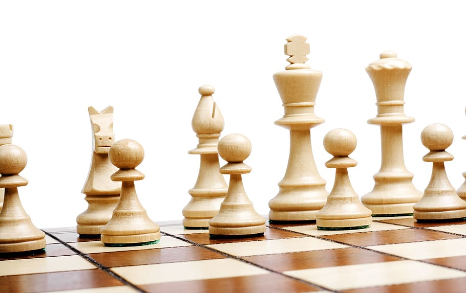 Ajedrez, tablero, marrón, aislado, blanco, negocios, desafío, tablero de ajedrez, inteligente, competencia