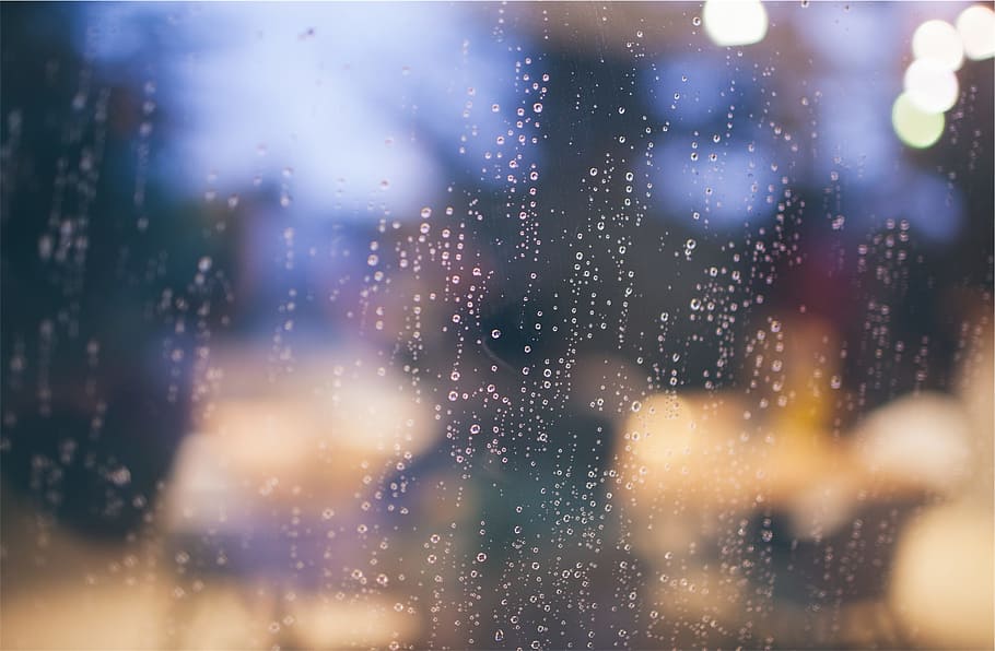chovendo, gotas de chuva, molhado, embaçado, janela, solta, vidro, material, agua, fundos