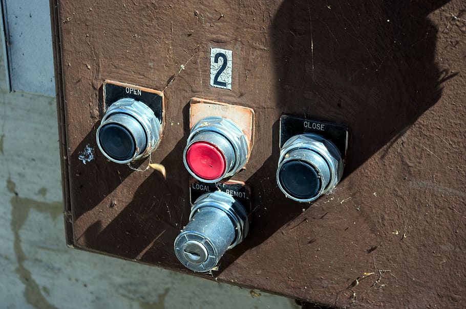 dam valve controls, pushbutton, button, old, chrome, push-button, jackson, lake, dame, flume