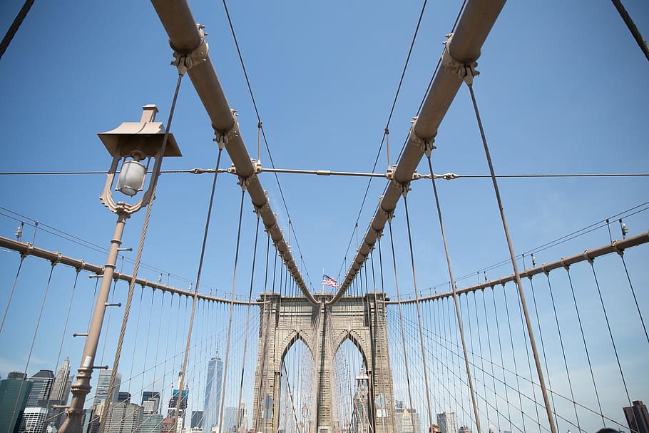 cabos de suspensão, ponte de brooklyn, bandeira americana, acenando, América, Arquitetura, Ponte, Paisagem urbana, Famosos, De suspensão