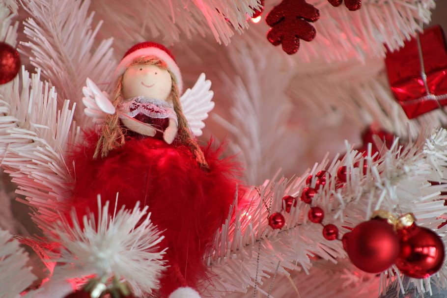 anjo, árvore de natal, decoração, branco, vermelho, natal, férias, árvore, sazonal, dezembro