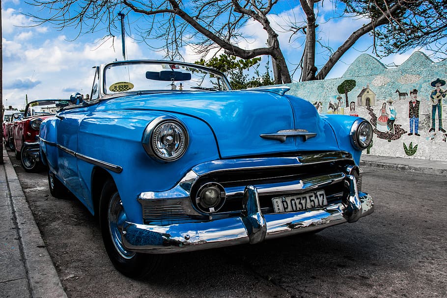 cuba, auto, vehicle, classic, american, cars, blue, car, restored, havana