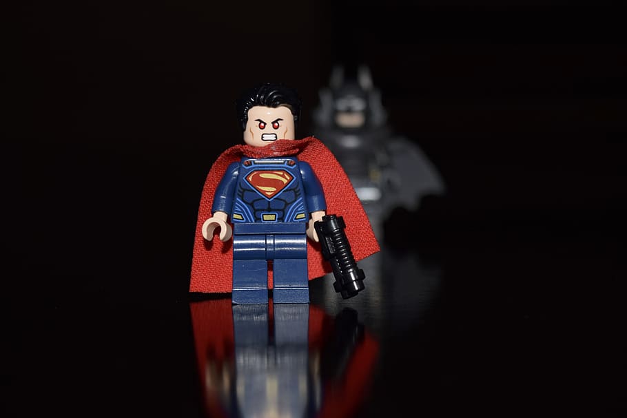 superman, lego, héroe, kriptón, liga de la justicia, batman, clark, fondo negro, representación humana, interiores