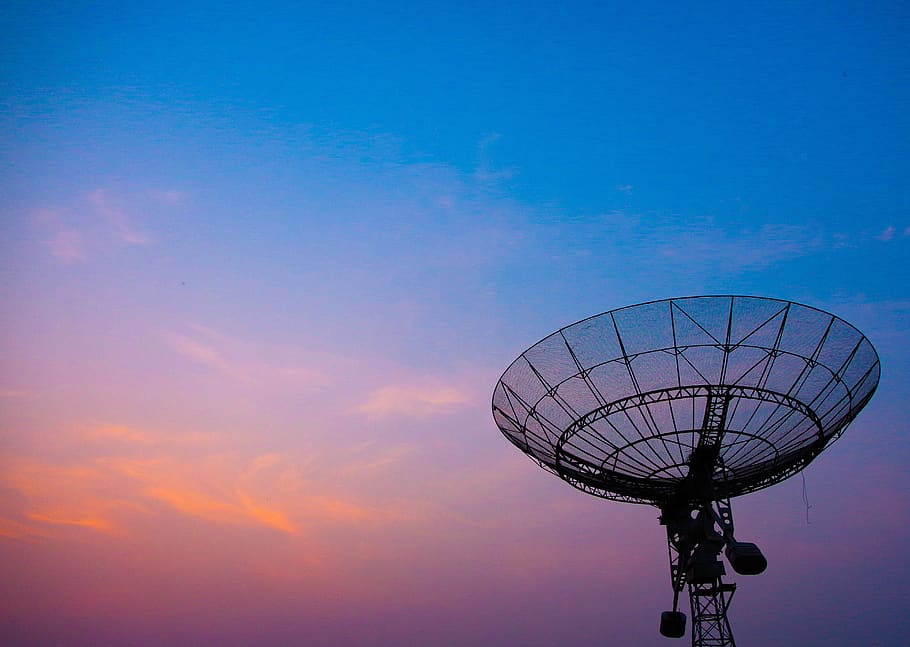 radar, biru, nyaman, cantik, parabola, komunikasi, komunikasi global, langit, satelit, teknologi nirkabel